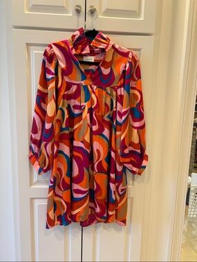 Adrienne Multicolor Abstract Swirl Mini Dress in Pink, Orange & Blue